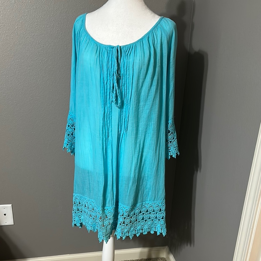 Turquoise Boho Tunic with Lace Trim